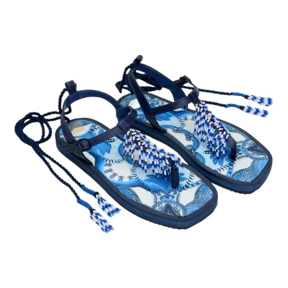 FARM RIO Blue Tile Beaded Flat Lace Up Sandals Blue NEW $260